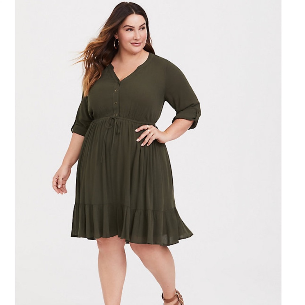 OLIVE BUTTON FRONT GAUZE SKATER DRESS